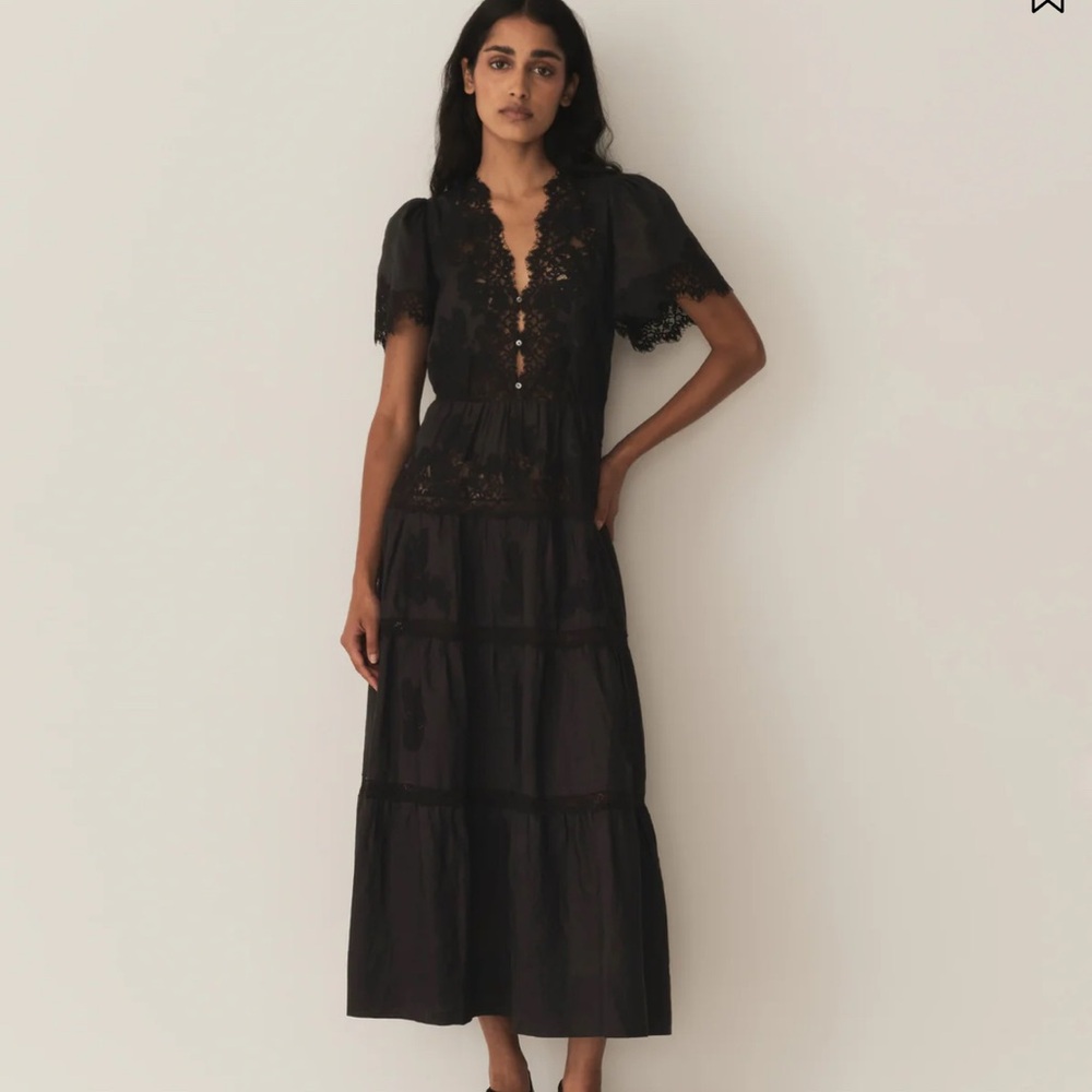 Brand new with tags - Doen heirloom Black Plunge Neck Flutter Sleeve Midi Dress